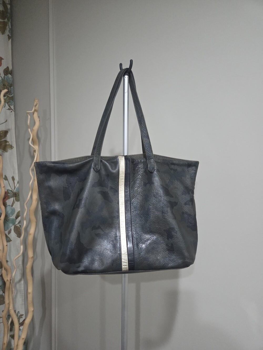 Positive Element Leather Tote Bag with Metallic Stripe - Black/Camo